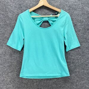 New About A Girl Top Women XL Blue Short Sleeve Open Back Cotton Blouse
